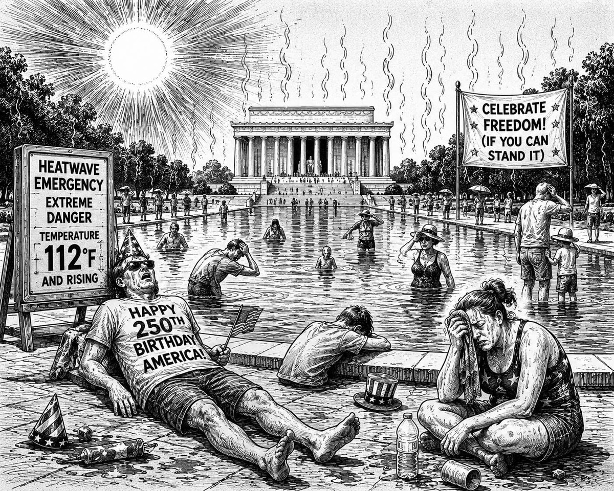 Editorial cartoon titled America wilts in heatwave celebrations