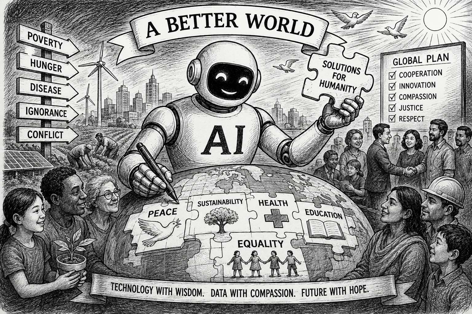 Editorial cartoon about artificial intelligence and the promise of a better world