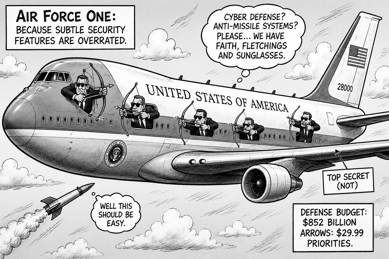 Editorial cartoon about Air Force One relying on bows and arrows for protection