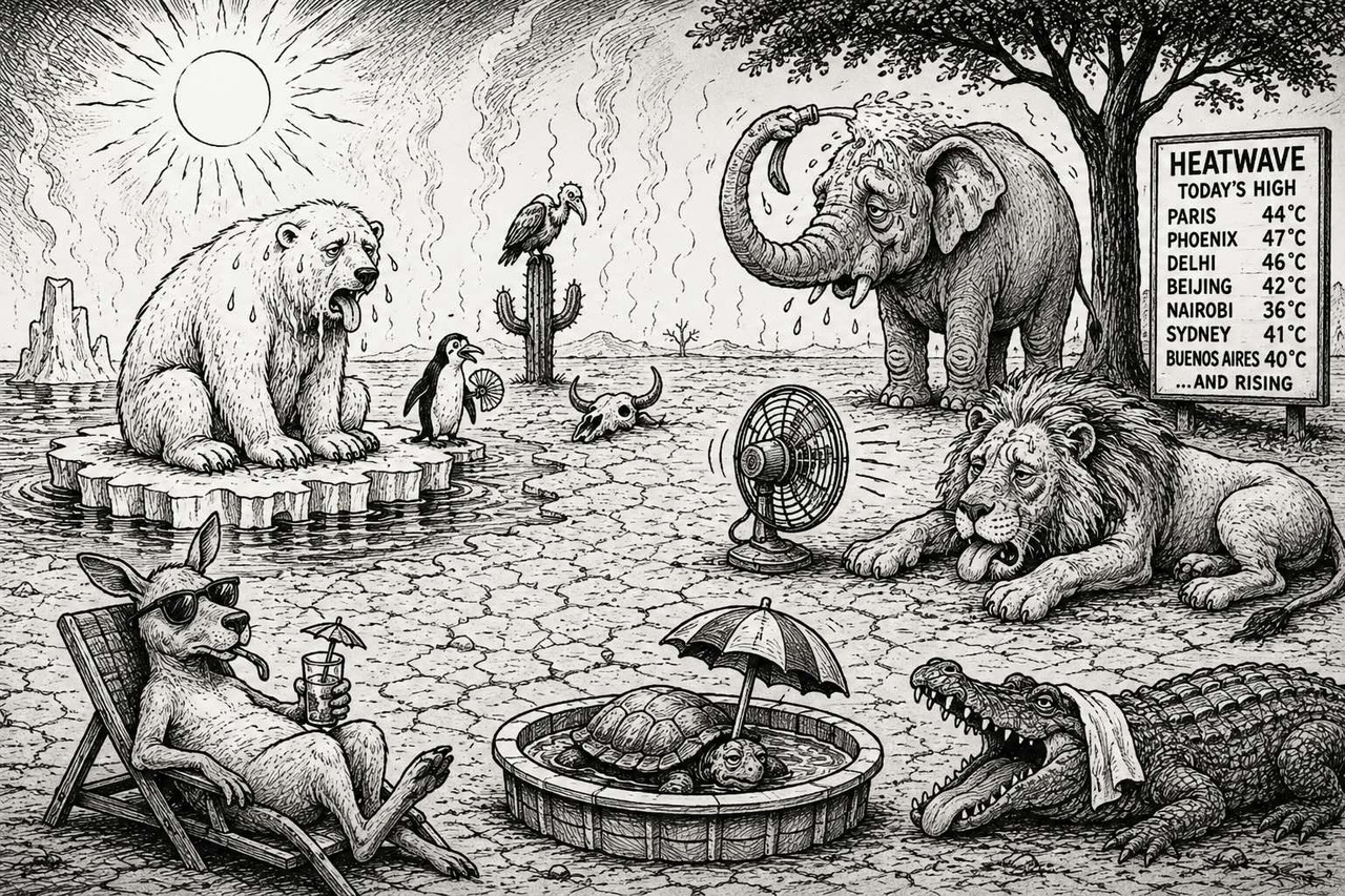 Editorial cartoon showing animals struggling to keep cool during extreme global heat