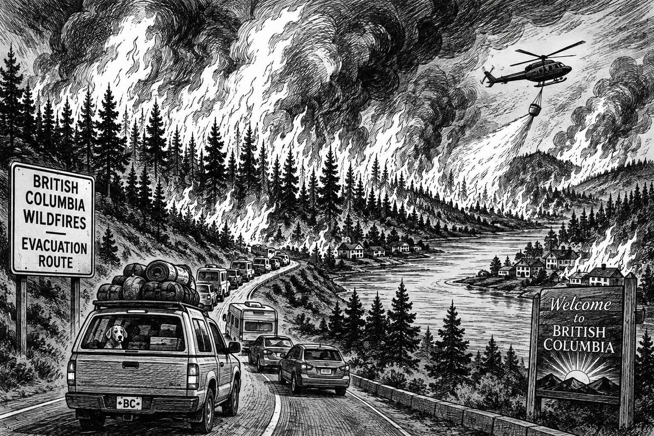 Black-and-white editorial cartoon depicting explosive wildfires ravaging British Columbia and threatening communities under hot, dry conditions