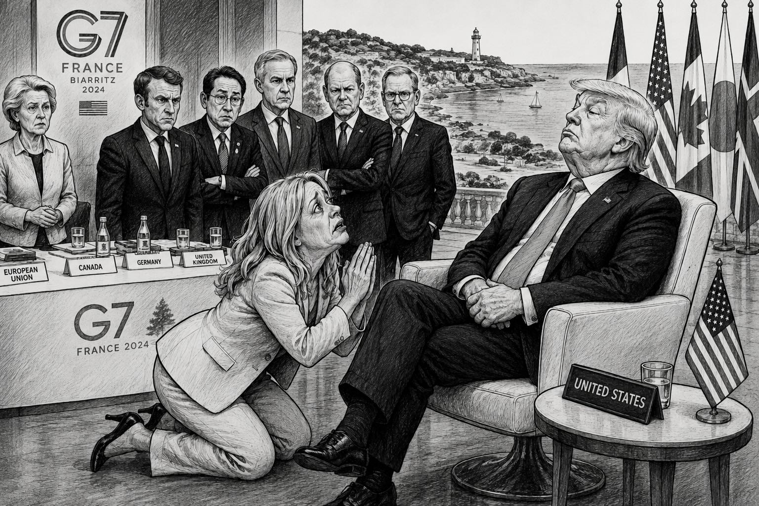 Editorial cartoon of Italian prime minister asking President Trump for a photo