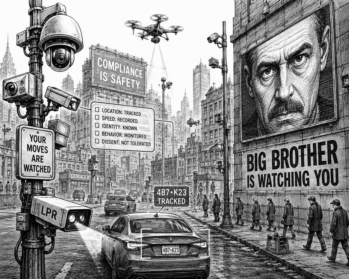 Editorial cartoon about the rise of surveillance technology and the surveillance state in America