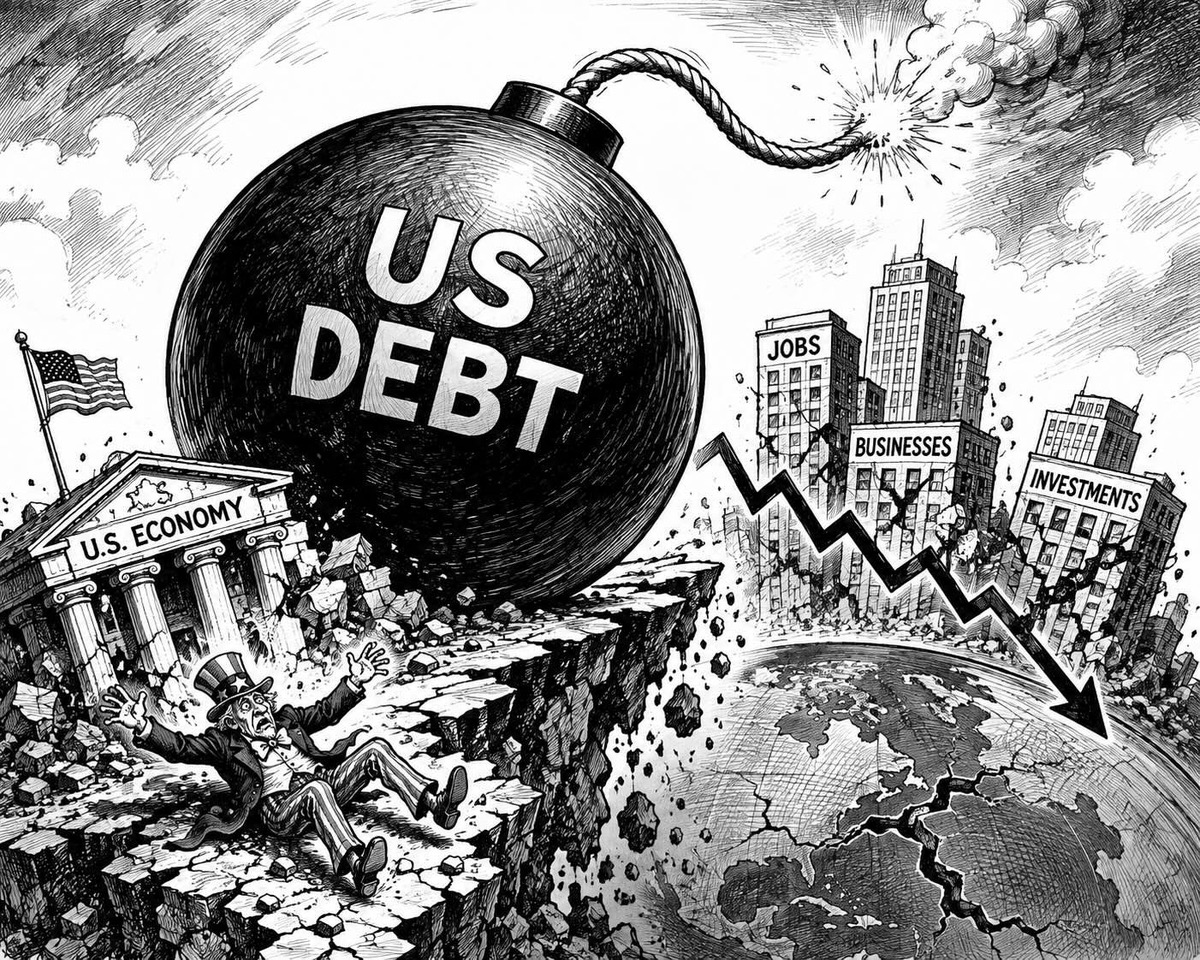 Black-and-white editorial cartoon of a lit bomb labelled U.S. Debt, symbolizing the economic danger posed by America’s spiralling national debt
