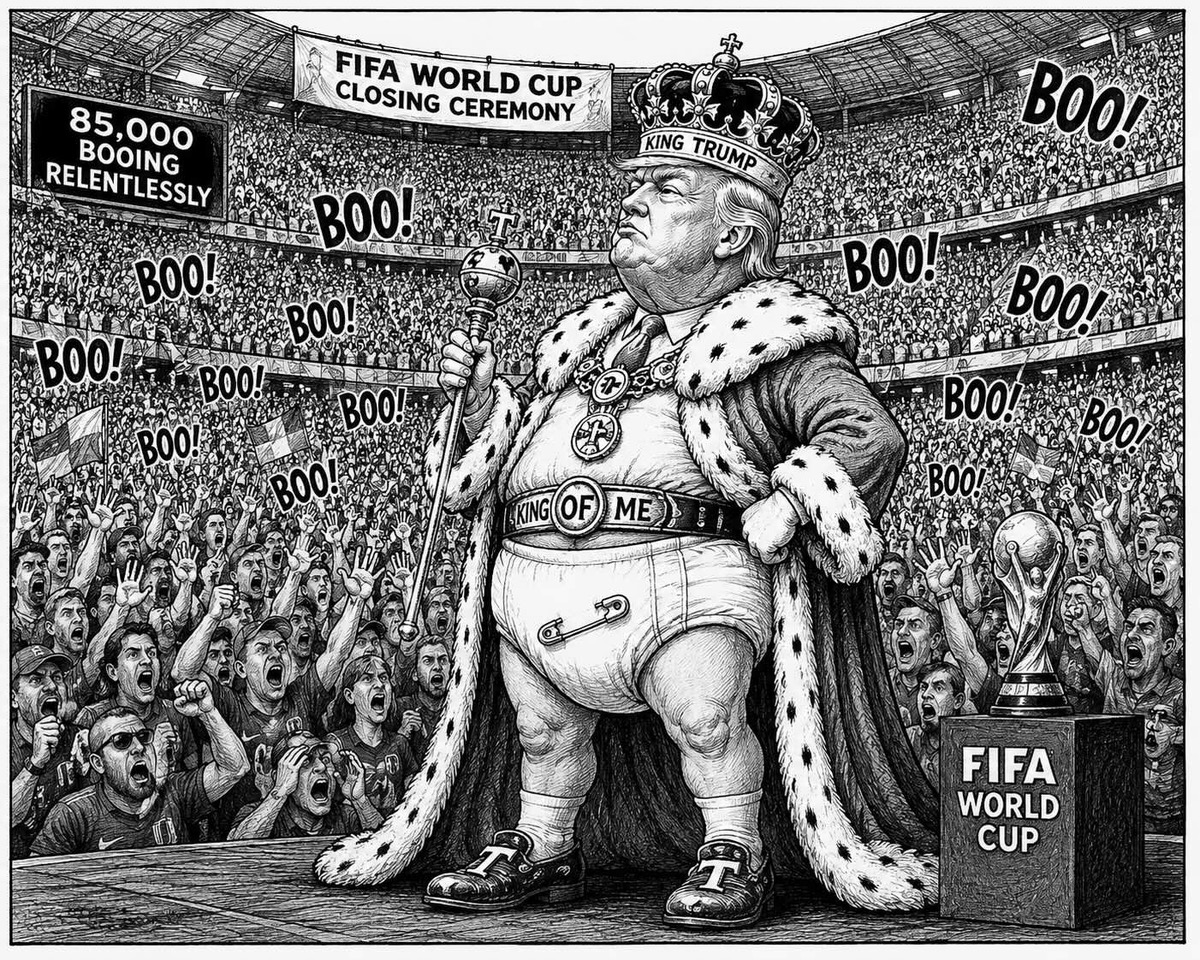 Editorial cartoon depicting President Donald Trump at the World Cup closing ceremony being loudly booed by a vast stadium crowd