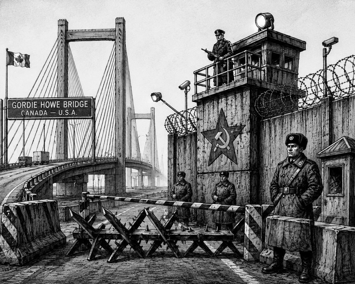Editorial cartoon about the Gordie Howe International Bridge and the Canada-United States border