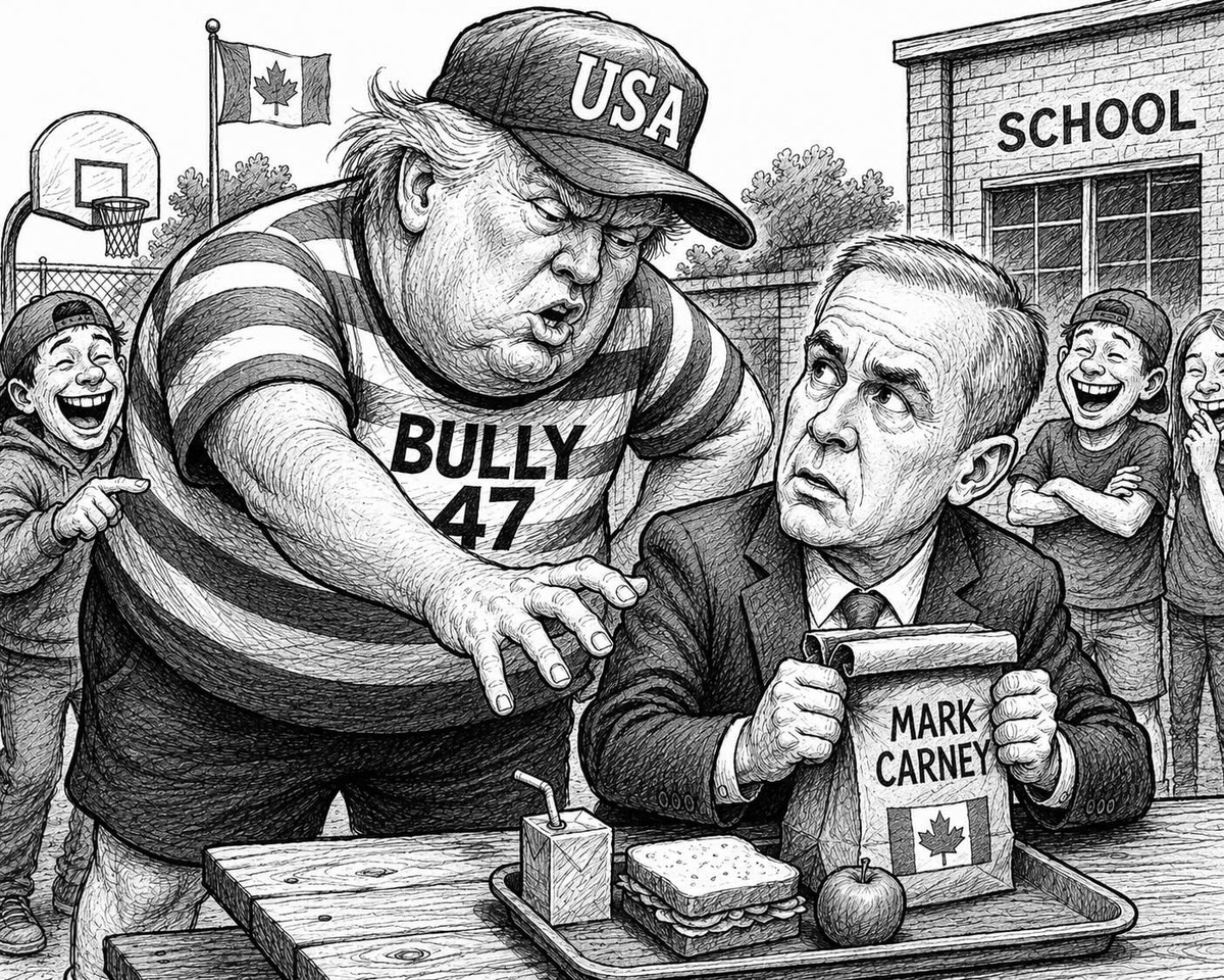 Editorial cartoon depicting Canada standing firm against intimidation and economic bullying by President Donald Trump
