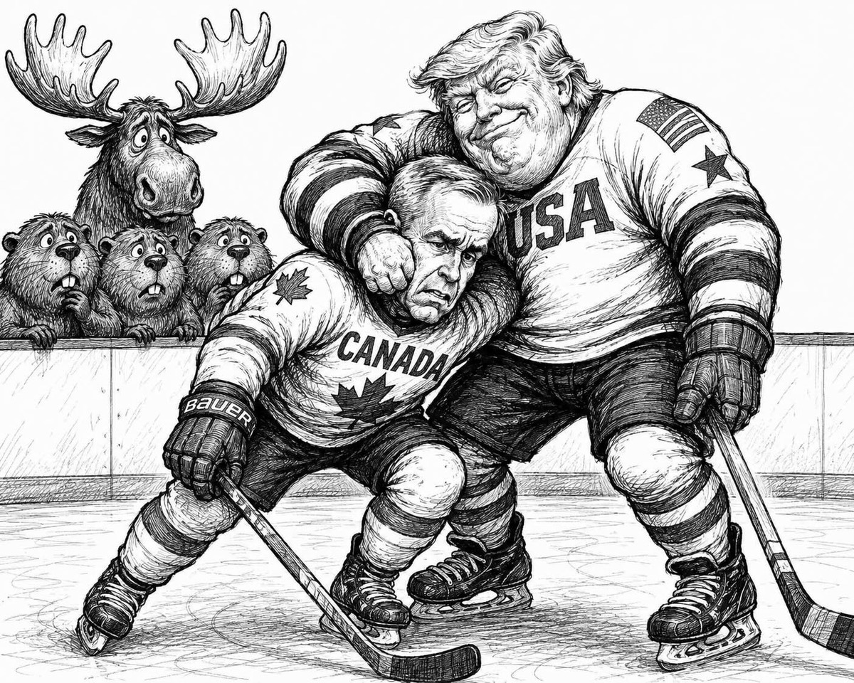 Black-and-white editorial cartoon showing Donald Trump bullying Canadian Prime Minister Mark Carney during tense Canada–U.S. trade negotiations