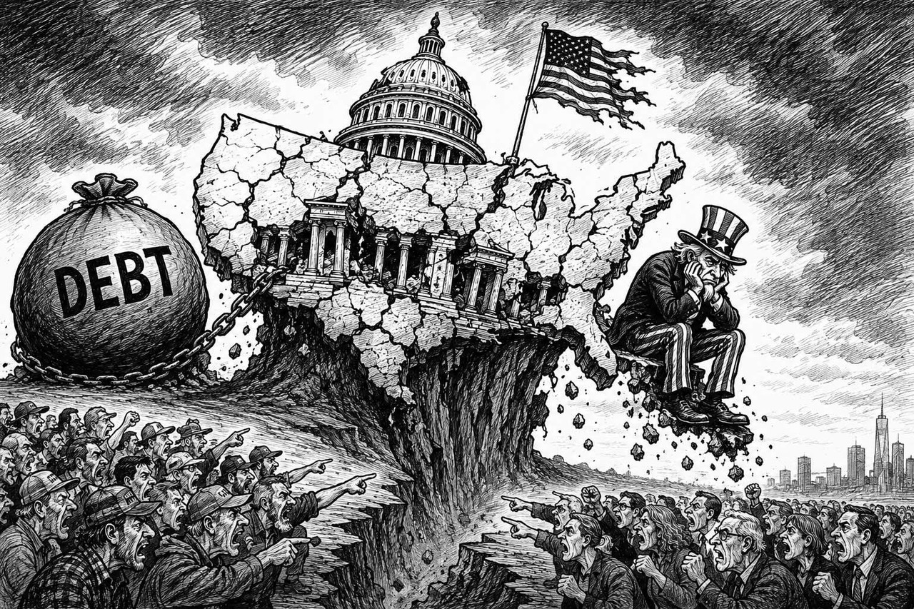 Editorial cartoon asking whether America can survive isolationism, debt, failed leadership and division