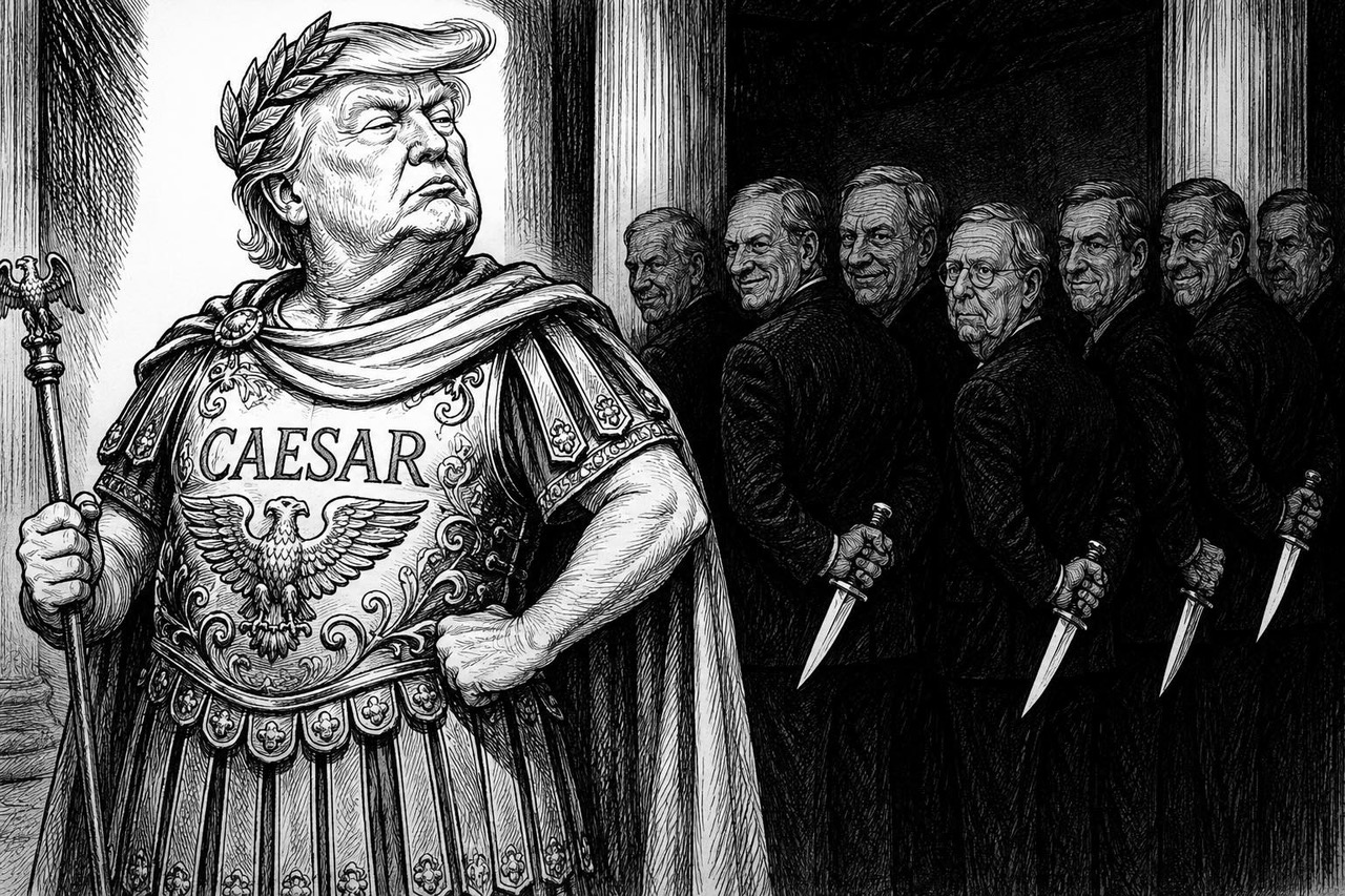 Black-and-white editorial cartoon of Donald Trump dressed as Caesar while Republican senators stand in the shadows with knives concealed behind their backs