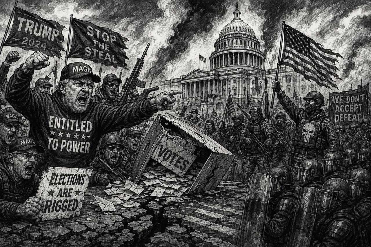 Black-and-white editorial cartoon portraying far-right Republicans claiming entitlement to power and rejecting election results, raising fears of post-election conflict