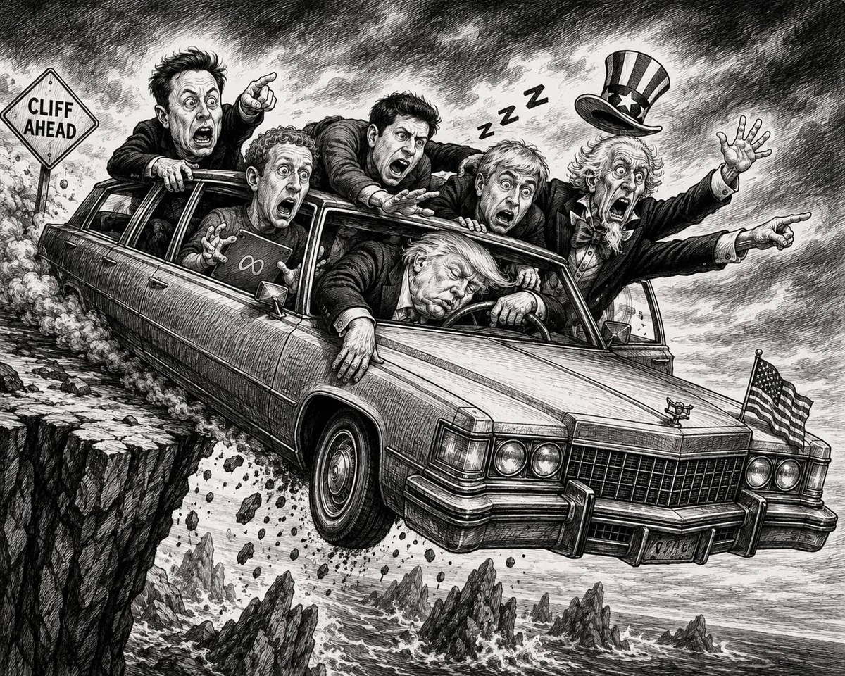 Editorial cartoon of President Snoozy asleep at the wheel