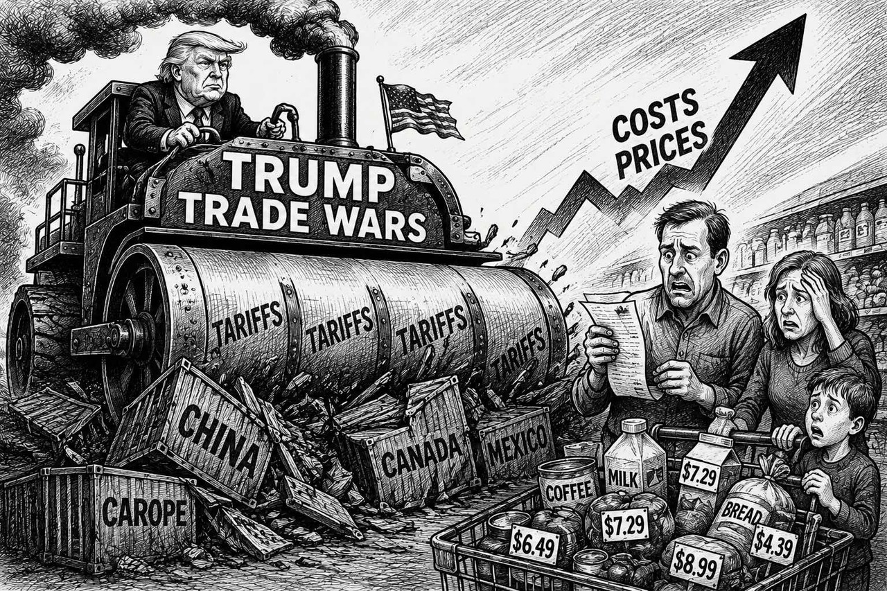 Black-and-white editorial cartoon illustrating Donald Trump's trade wars driving up everyday living costs for American consumers
