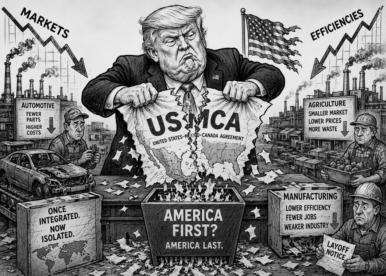 Editorial cartoon about U.S. business facing a shrinking North American market