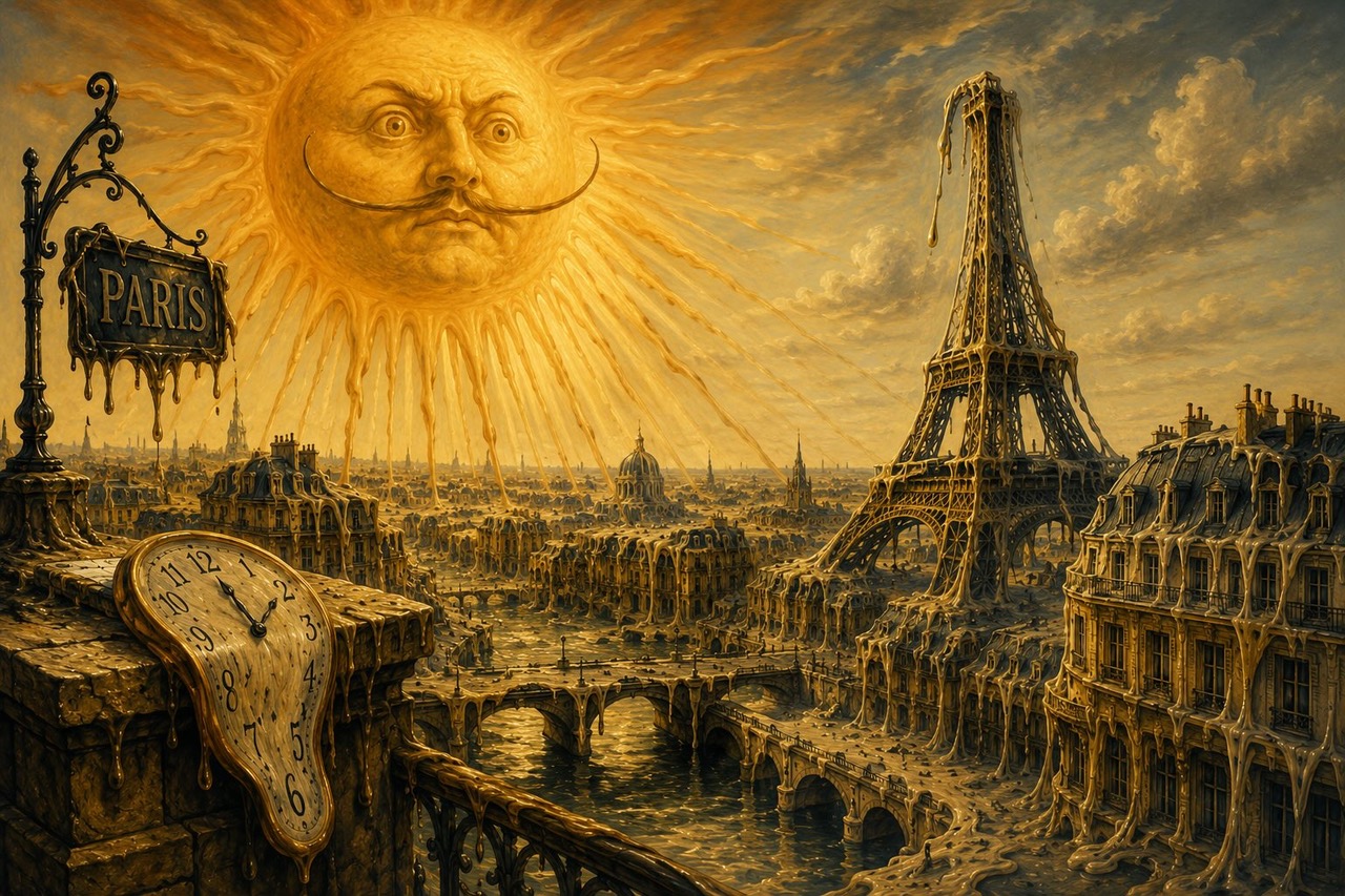 Dali-like editorial image of Paris melting in a climate-change heatwave