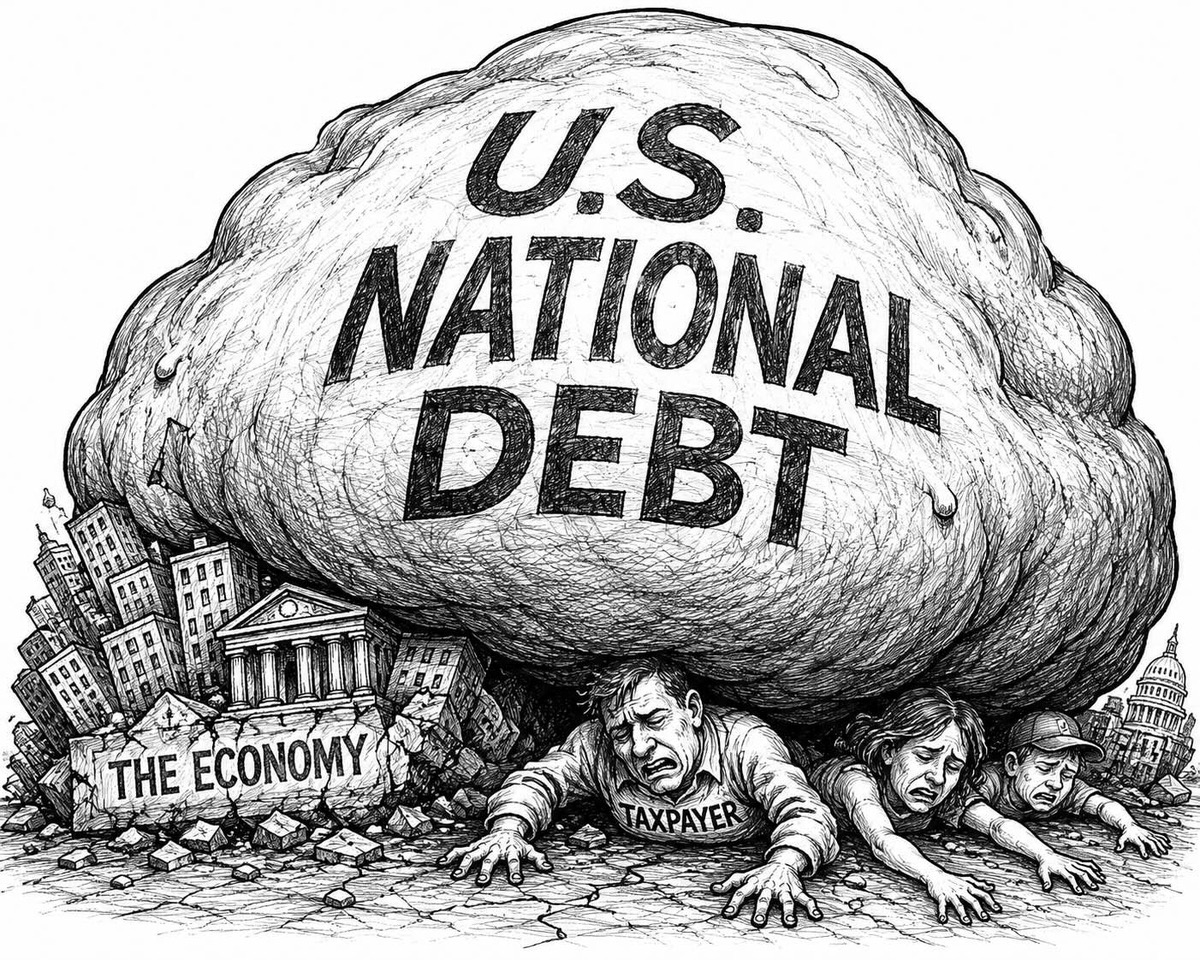 Black-and-white editorial cartoon depicting the enormous U.S. national debt weighing down taxpayers and the economy