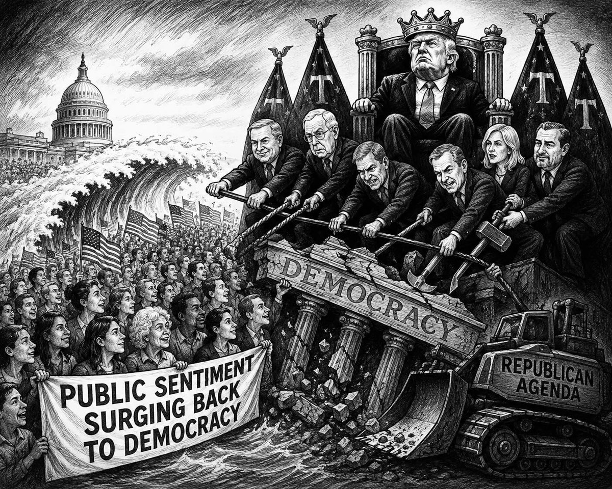 Editorial cartoon depicting Americans mobilizing to defend democracy against authoritarian rule