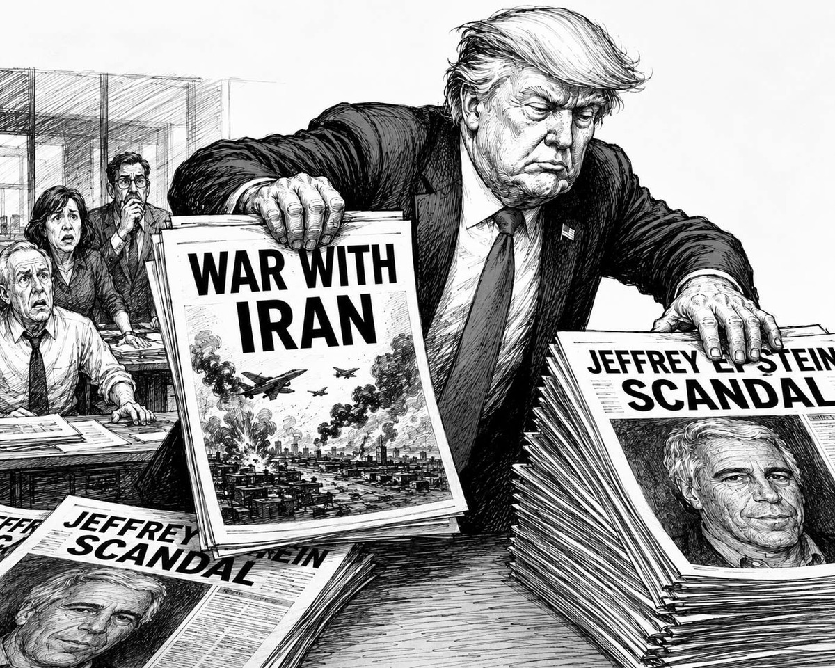Editorial cartoon showing Trump’s wars and tariffs pushing the Epstein scandal off newspaper front pages