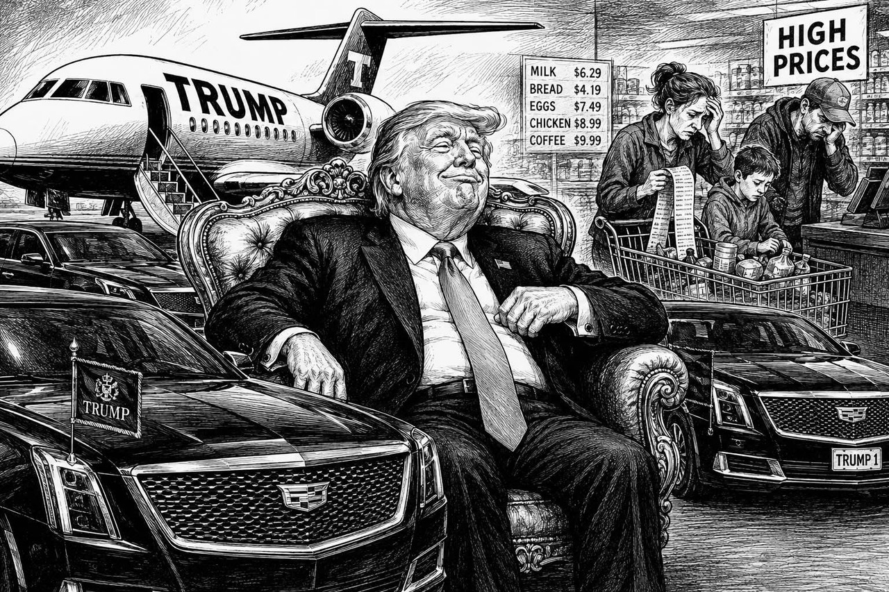 Editorial cartoon contrasting Donald Trump surrounded by presidential luxuries with Americans struggling to afford groceries