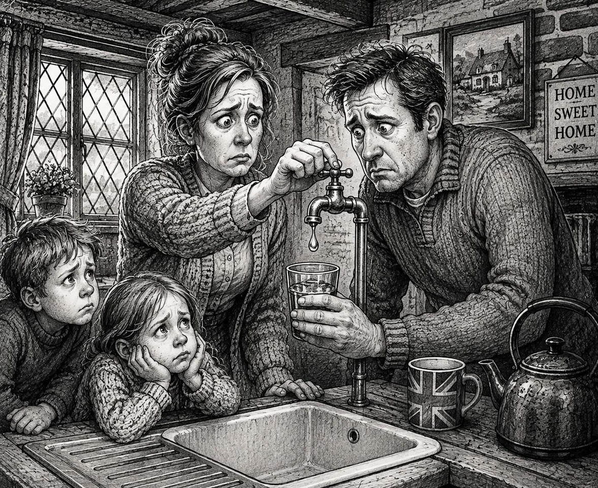 Editorial cartoon depicting historic drought in England and the threat of taps running dry