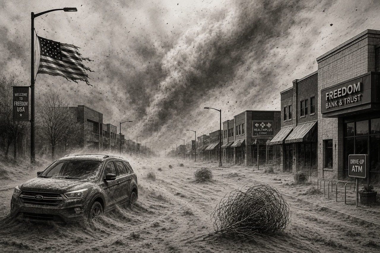 Black-and-white editorial cartoon depicting a modern American town and landscape drying into Dust Bowl-like conditions