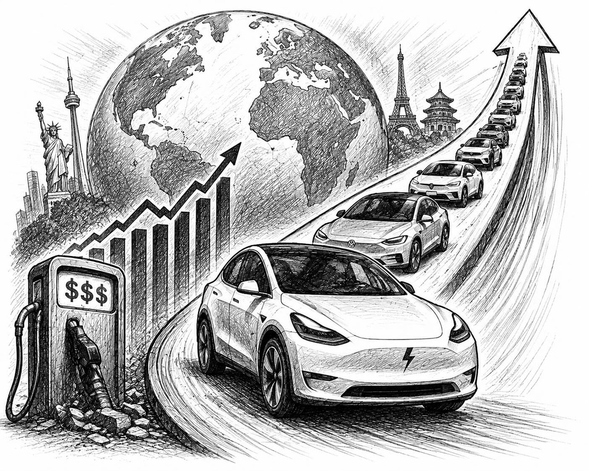 Editorial cartoon depicting soaring electric vehicle sales as motorists turn away from high fuel prices