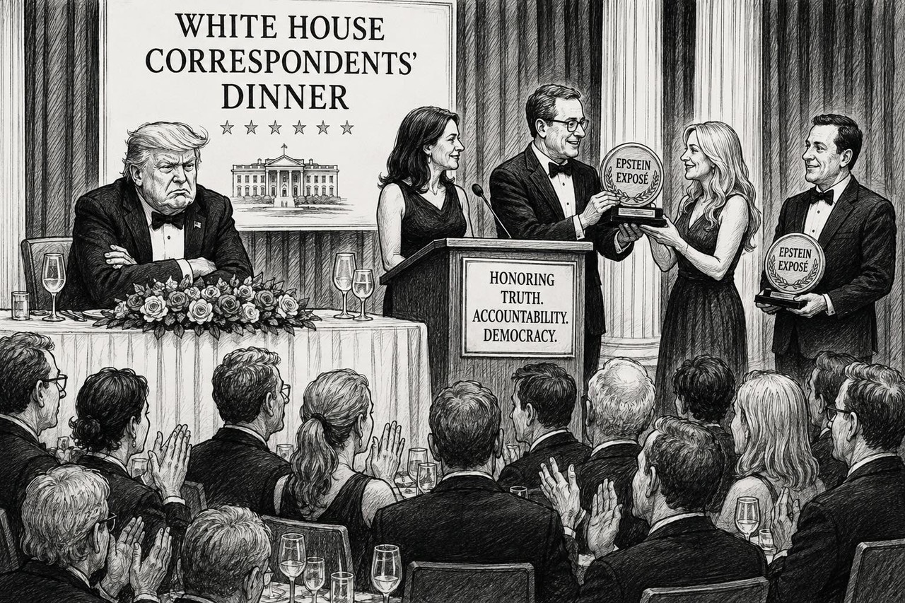 Editorial cartoon showing reporters receiving awards for exposing the Epstein scandal as President Trump sits angrily at the White House correspondents dinner