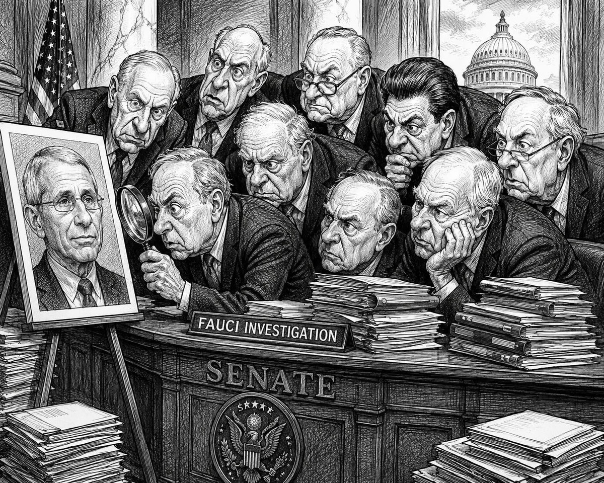 Editorial cartoon depicting Republican senators obsessively surrounding and scrutinizing Dr. Anthony Fauci