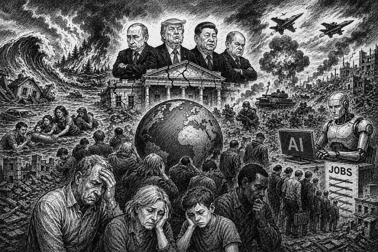Editorial cartoon depicting wars, natural disasters, technological upheaval and failed political leadership creating a world of fear