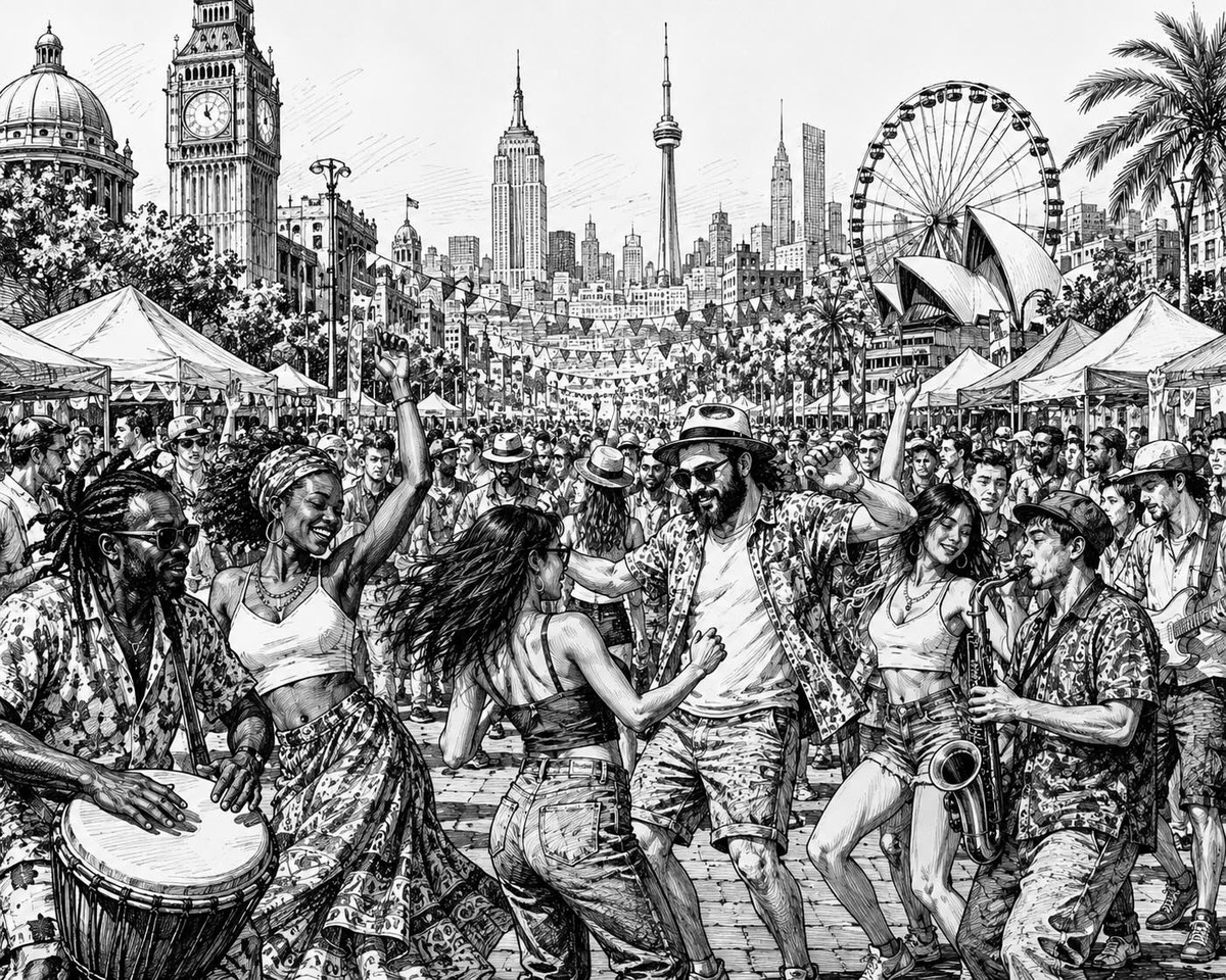 Editorial cartoon depicting joyful summer street festivals and public celebrations in cities around the world despite fires, wars and disasters
