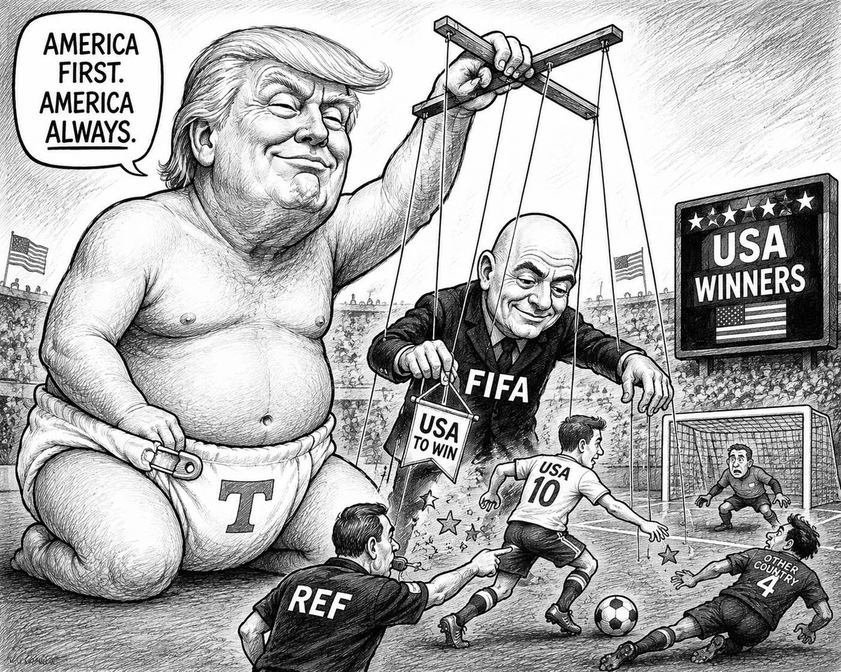 Editorial cartoon about Trump, FIFA and a red card