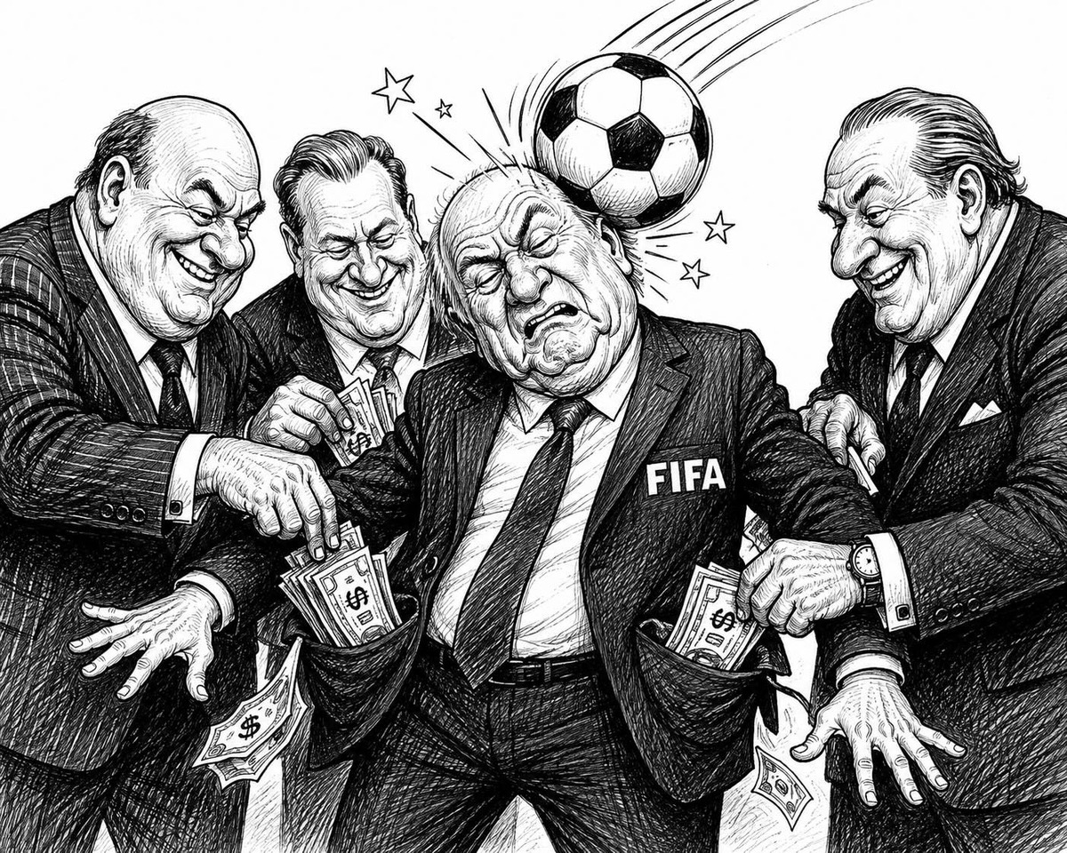 Editorial cartoon depicting FIFA leadership being punished for favouring billionaire investors over football members