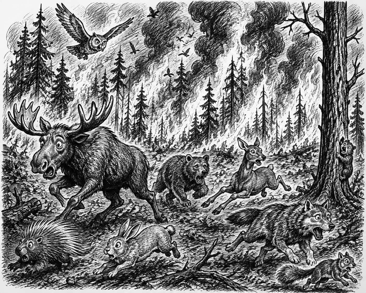 Editorial cartoon showing animals trying to cope with human-induced climate change