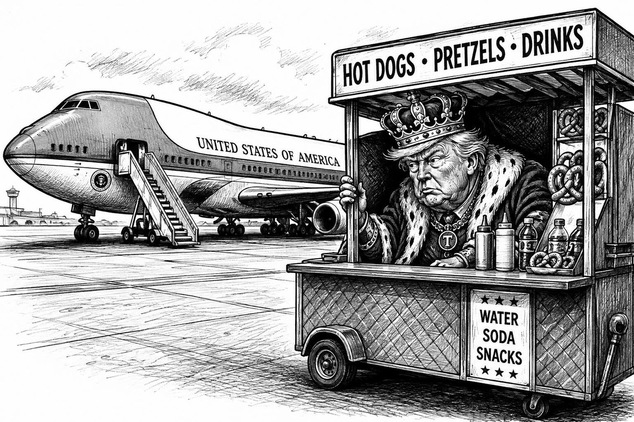 Black-and-white editorial cartoon depicting President Trump concealed in an airport food cart with Air Force One in the background