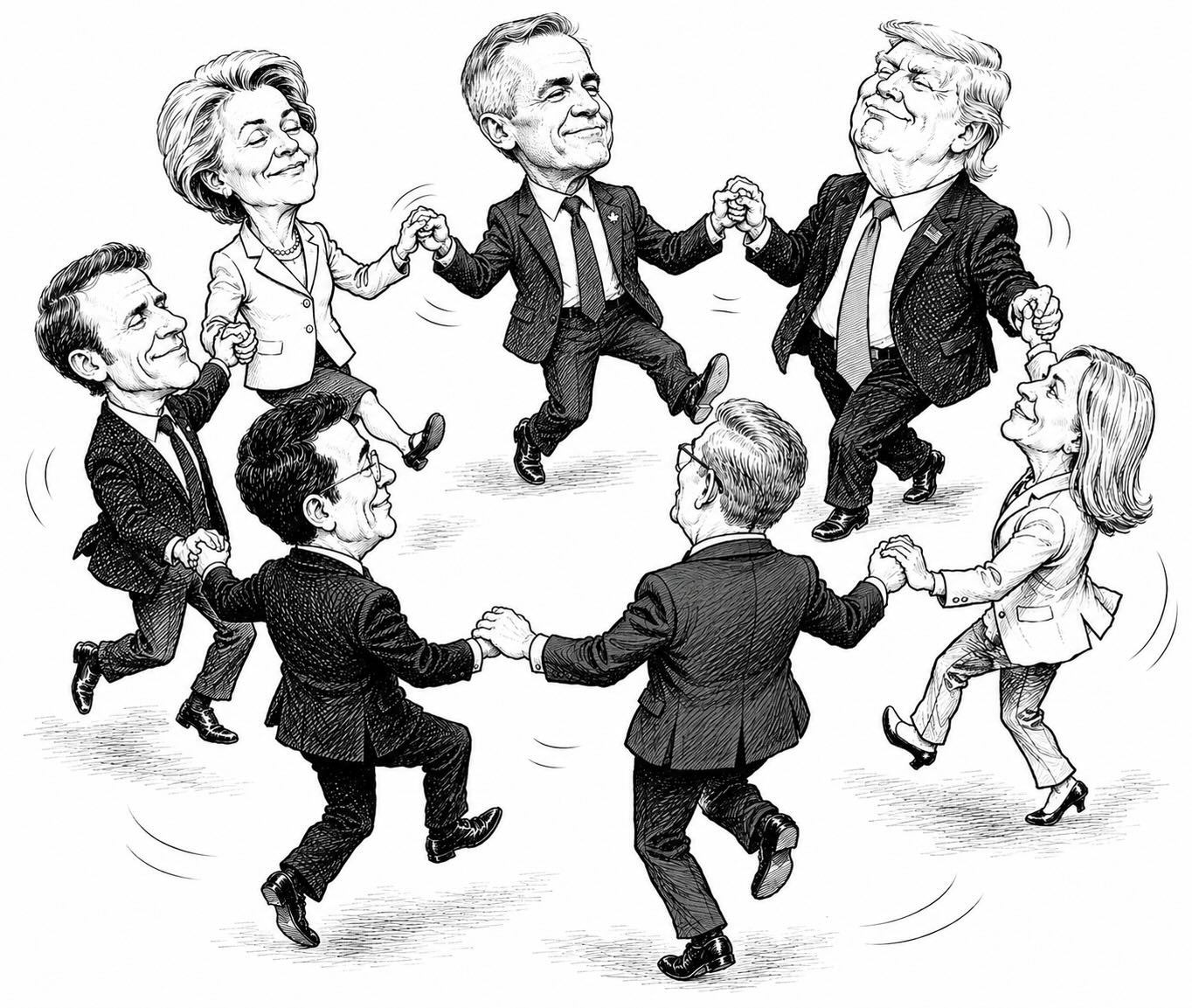 G7 leaders holding hands cartoon
