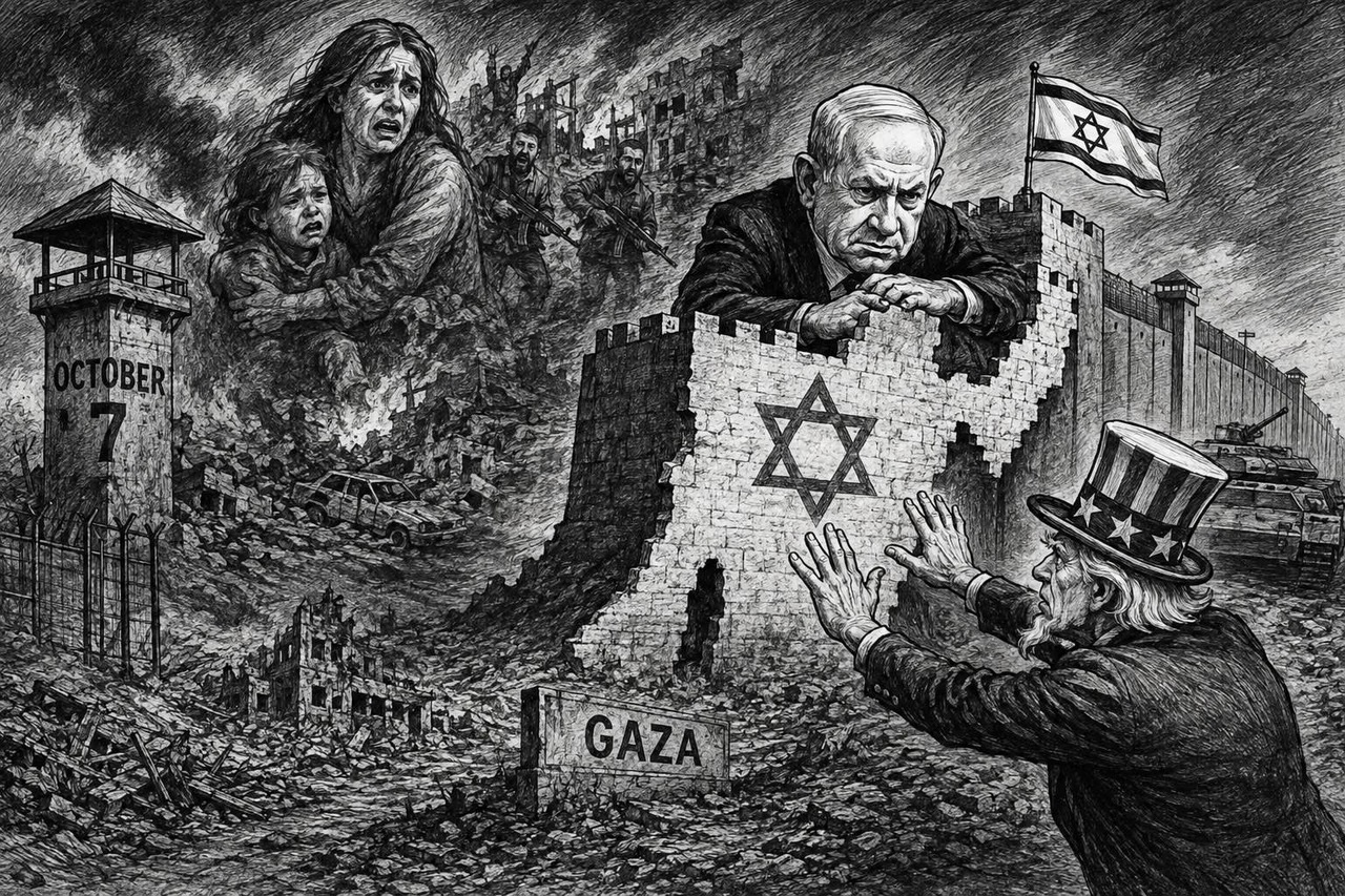 Editorial cartoon depicting Israel resisting American pressure over a Gaza peace plan