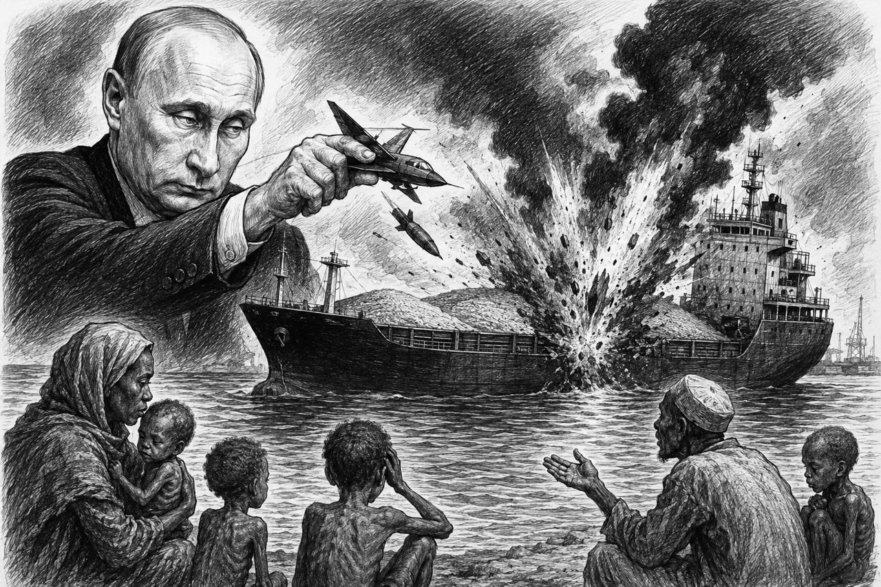 Editorial cartoon depicting Vladimir Putin threatening global food security through attacks on Black Sea grain shipping