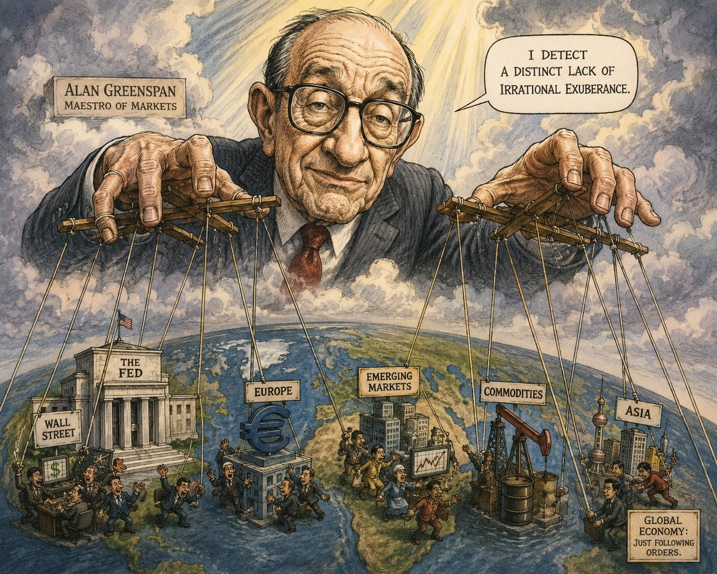 Editorial cartoon about Alan Greenspan and central banking