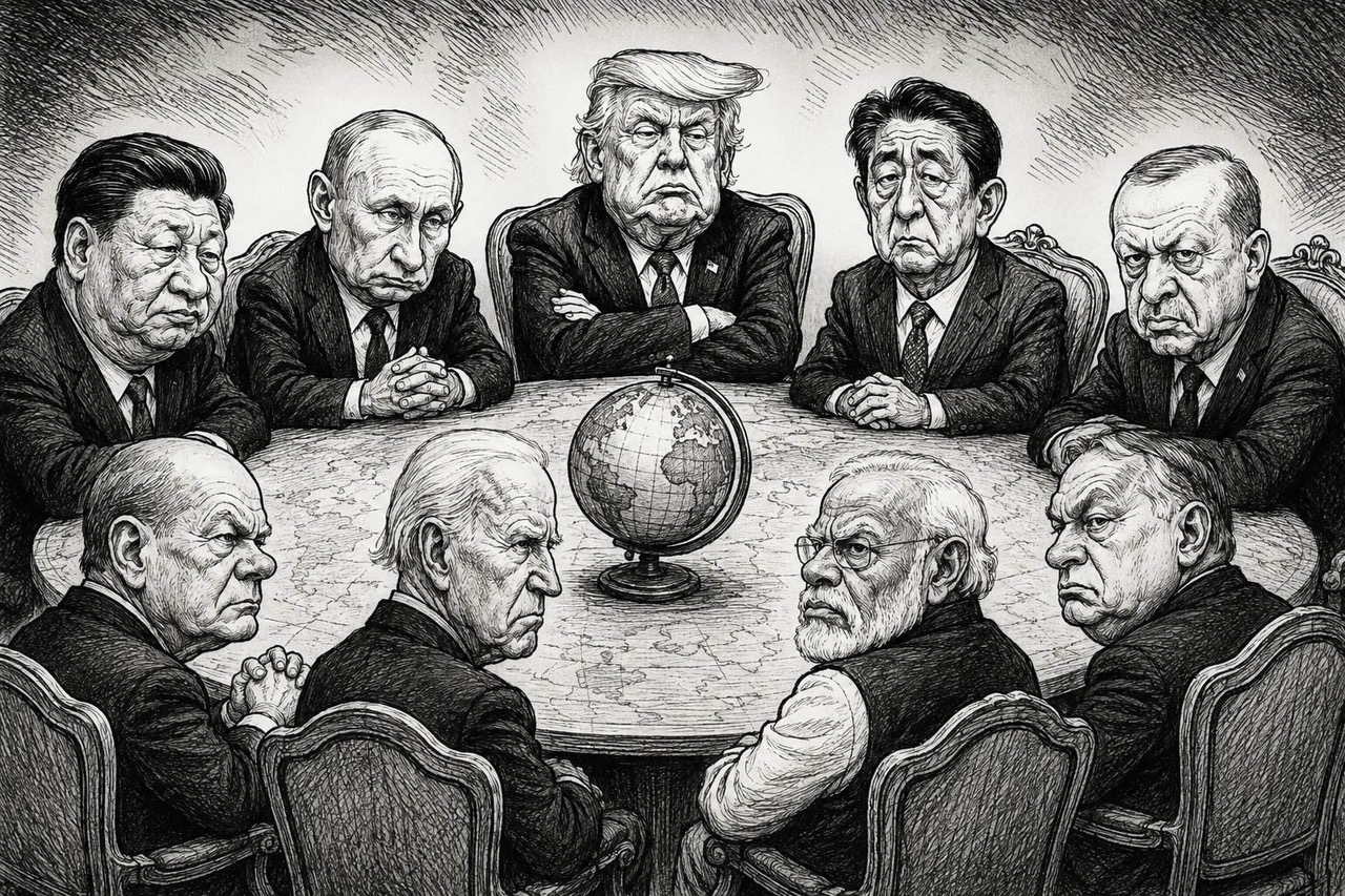 Editorial cartoon portraying elderly and irritable male leaders ruling the world