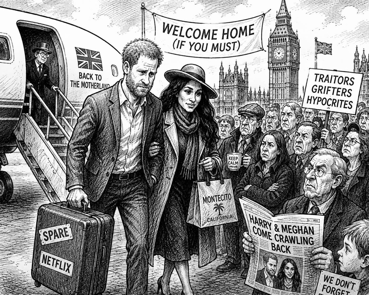 Editorial cartoon about Prince Harry returning to Britain to an uncertain welcome