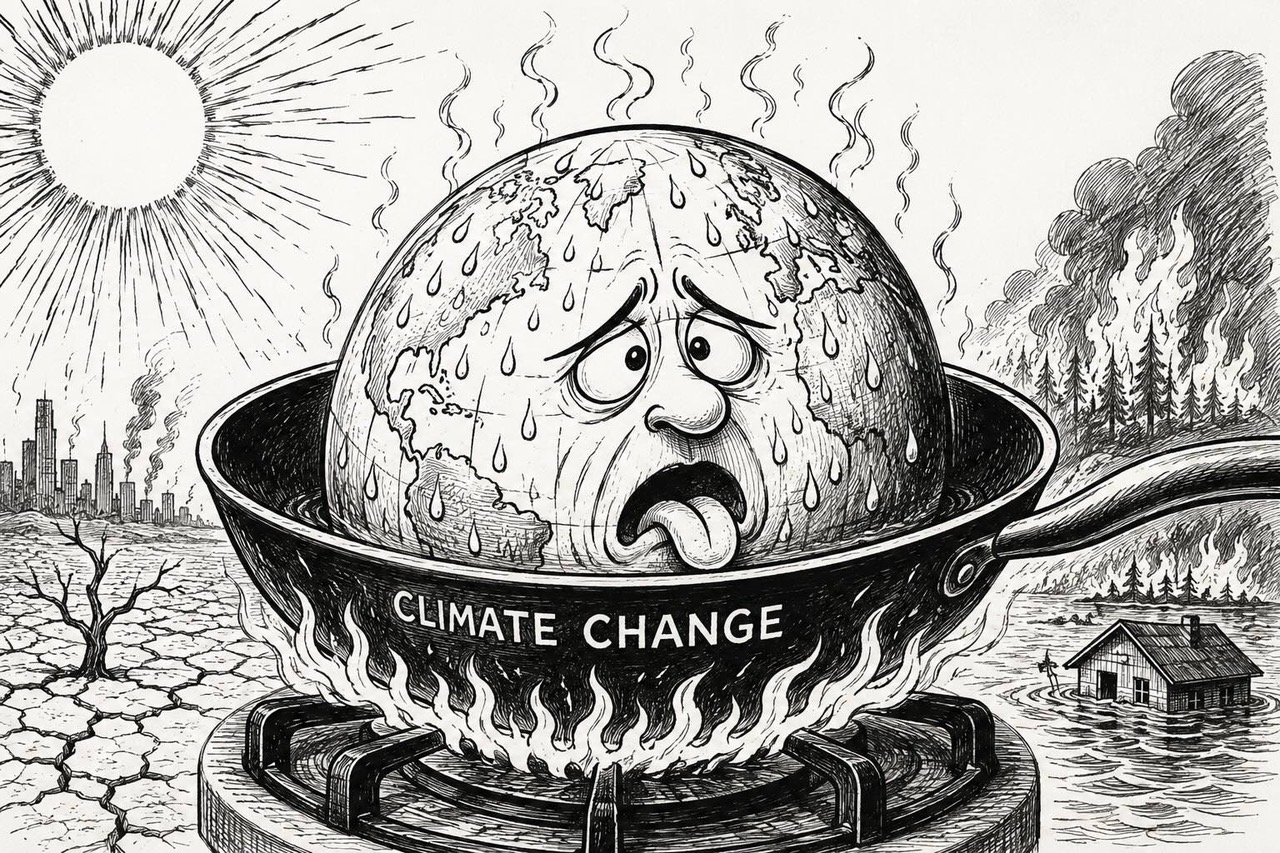 Editorial cartoon titled How hot will it get over the years?