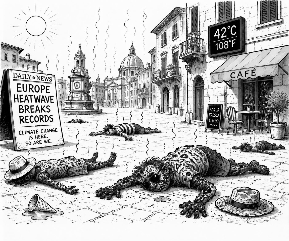 Editorial cartoon about Europe’s heatwave and climate change