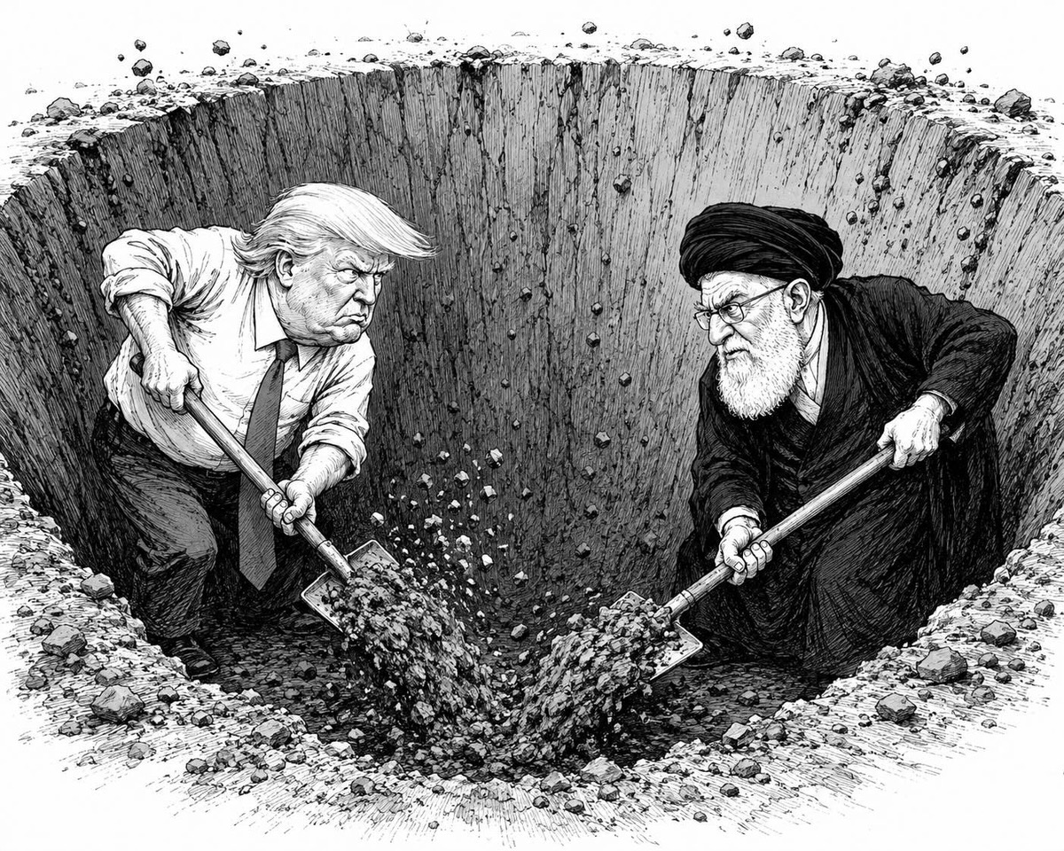 Editorial cartoon showing Donald Trump and Iran's leadership digging themselves deeper into a hole
