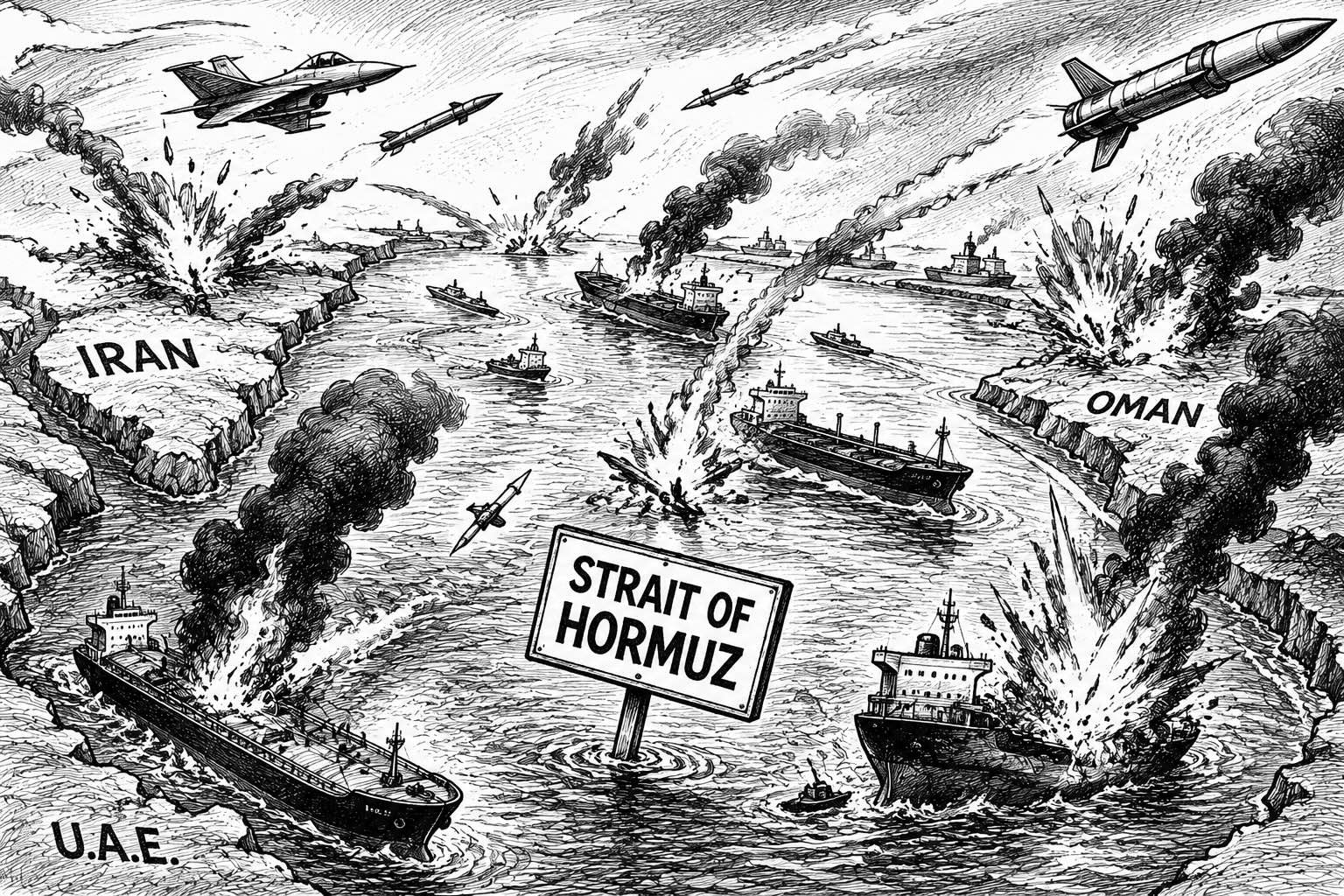Editorial cartoon about the Strait of Hormuz and fragile Middle East peace