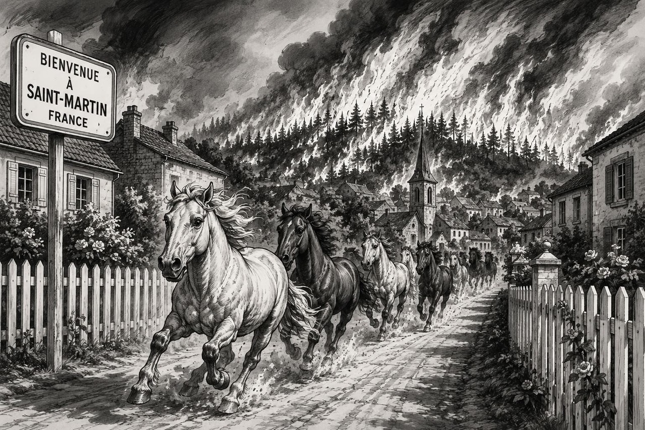 Editorial cartoon showing horses fleeing a wildfire through a French village