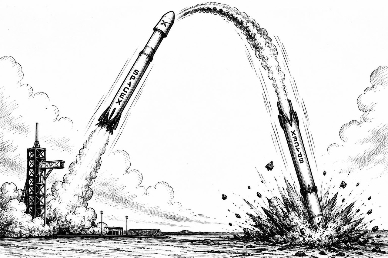 Editorial cartoon showing a soaring initial public offering abruptly falling back toward the ground