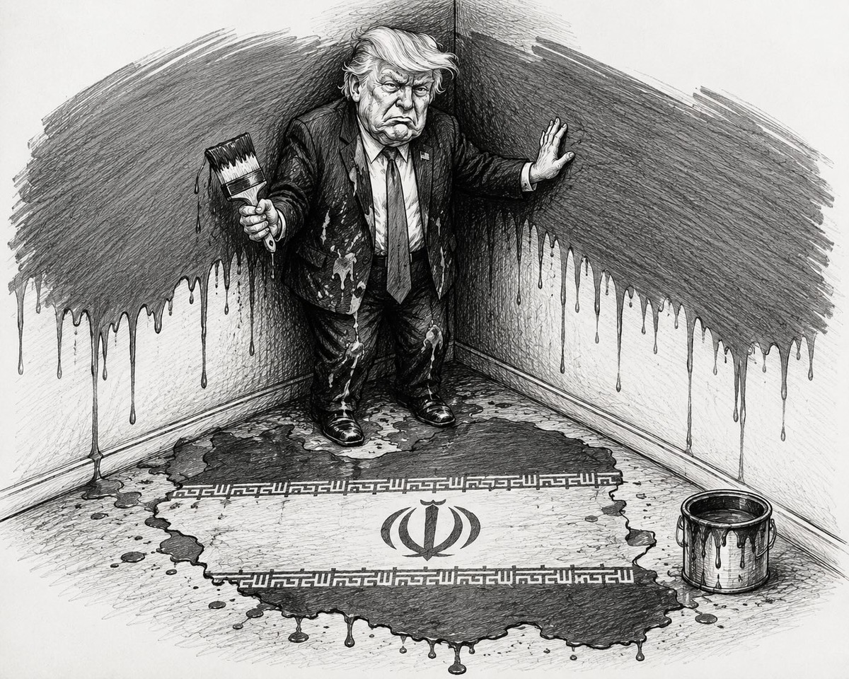 Editorial cartoon showing President Trump painted into a corner by the Iran war