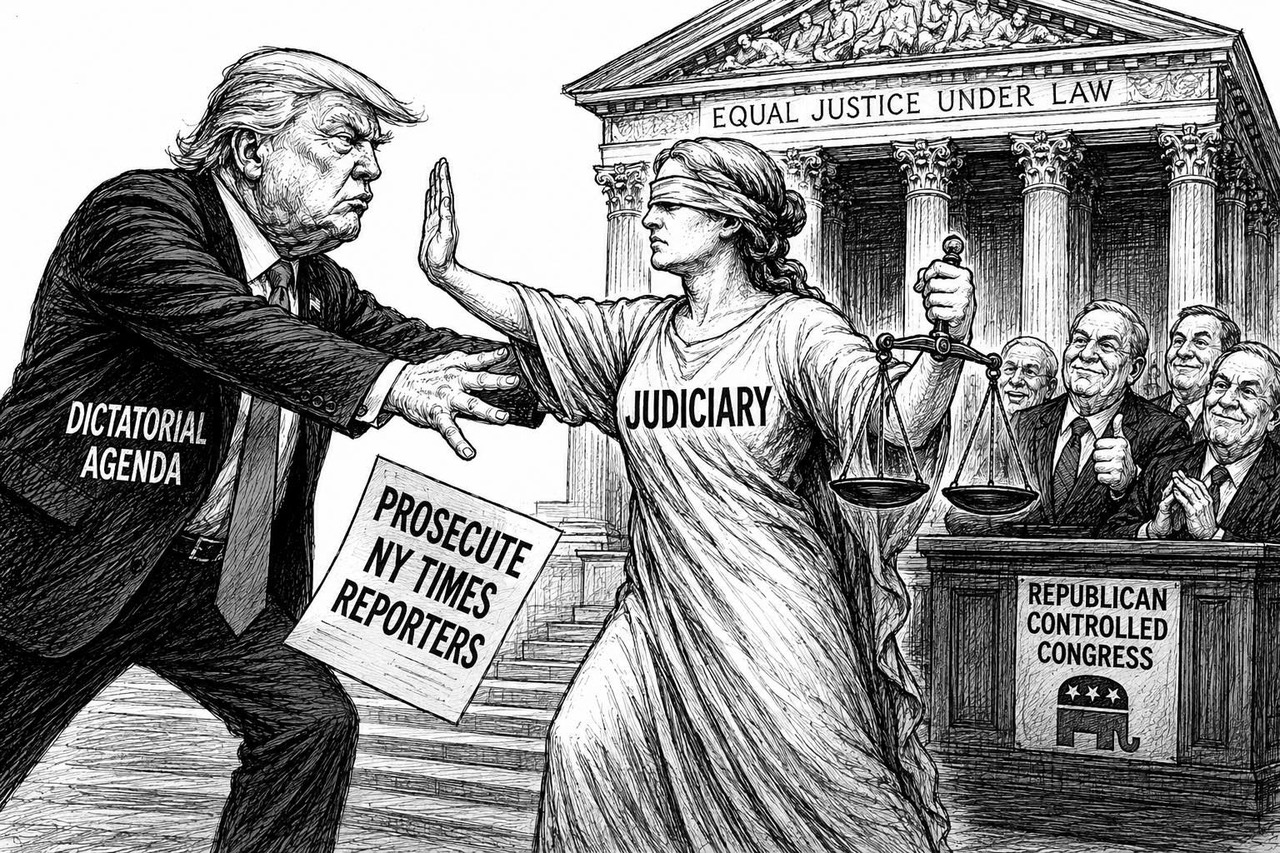 Editorial cartoon showing the judiciary restraining presidential power while Congress sits idle