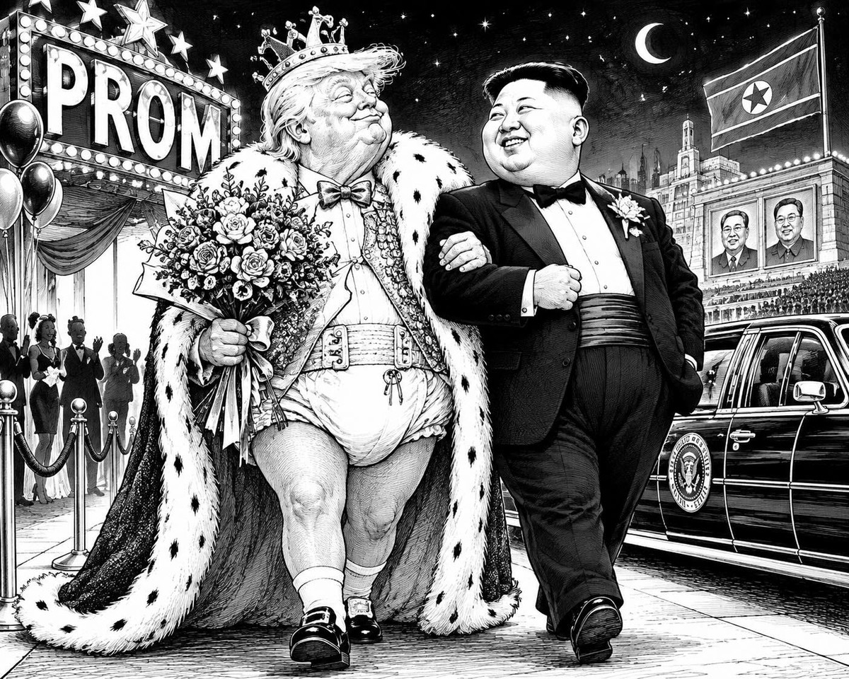 Black-and-white editorial cartoon depicting Donald Trump courting North Korea’s Kim Jong Un after rebuking South Korea over its refusal to join the Iran war
