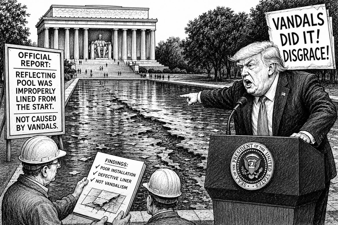 Editorial cartoon depicting a weakened lame-duck political leader shifting blame as his influence fades